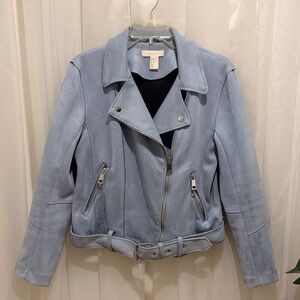 H&M Spring Light Blue Faux Suede Moto Jacket size 12